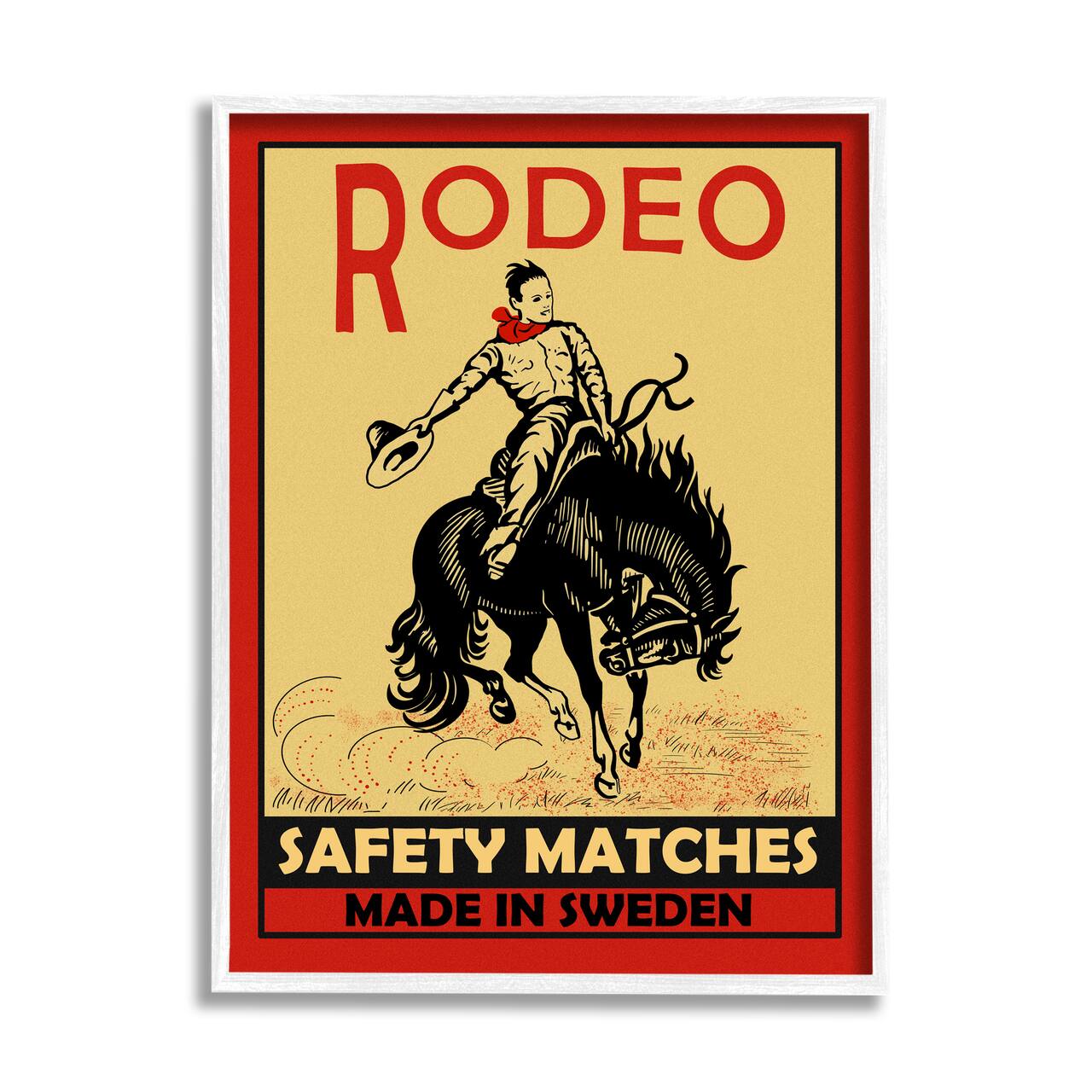 Stupell Industries Rodeo Safety Matches Cowboy Bucking Bronco Red Yellow in White Frame Wall Art